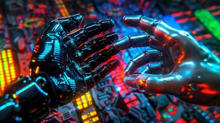 an innovative digital art piece showcasing the moment when a human hand and a robotic hand are about