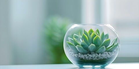 Wall Mural - Futuristic ambiance Glass terrarium with green succulents and LED lights. Concept Succulent Terrarium, LED Lighting, Futuristic Decor, Greenery Display, Ambiance Setting