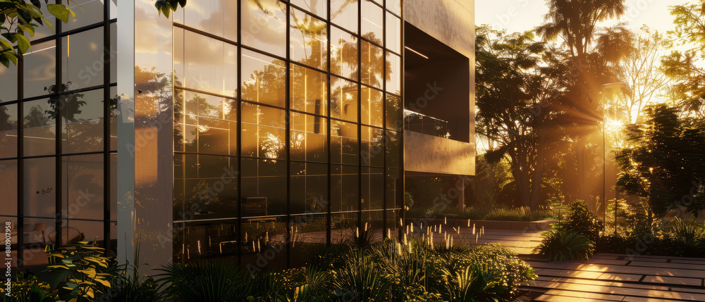 A modern building's glass exterior reflecting the warm and golden light ...
