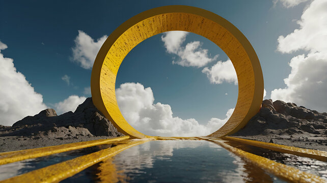3d render, abstract minimal yellow background with white clouds flying out the tunnel
