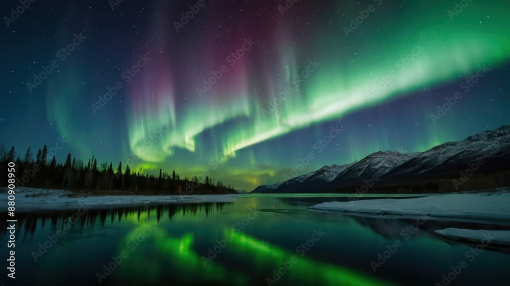 A breathtaking display of the aurora borealis over a serene lake ...
