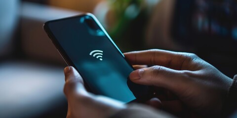 Poster - Close-up of hands using smartphone with Wi-Fi symbol on screen.