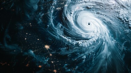 Poster - An ominous hurricane swirling over the ocean, seen from a satellite perspective.