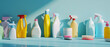 © Ai Studio - A vibrant collection of various cleaning products neatly arranged against a pastel blue background, showcasing an assortment of bottles, brushes, and spray cleaners.