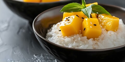 Wall Mural - Mango Sticky Rice Up Close Topped with Coconut Milk and Sesame Seeds. Concept Food Photography, Asian Cuisine, Sweet Desserts, Close-up Shots