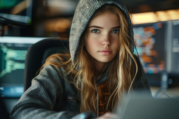 Poster - A Hacker's Gaze: A Young Woman Focused on Code in a Dimly Lit Workspace