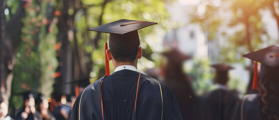 Canvas Print - A backview of a graduate in a cap and gown, standing among peers with sunlight filtering through the trees, symbolizing achievement.