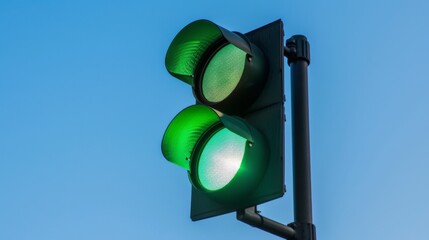 Aufkleber - Close-up of a green traffic light illuminated against a clear blue sky.