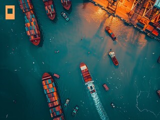 Aerial view of cargo ships in a harbor.