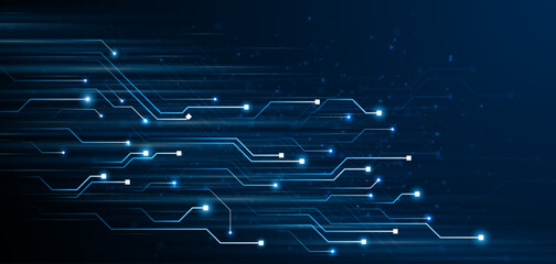 Fototapete - Blue glowing lines with glitter light effect on dark background. High speed internet technology concept or fast wireless data transmission. modern internet network connection technology background