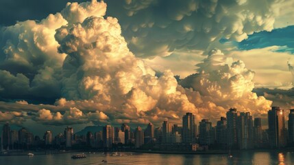 Poster - Cumulonimbus clouds towering above a city skyline, hinting at an approaching storm.