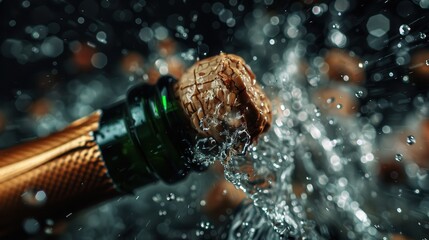 An action shot capturing a champagne bottle uncorked with a vigorous spray of liquid and bubbles, suggesting celebration and excitement.