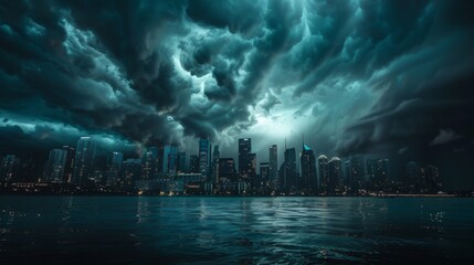 Poster - Dark storm clouds gathering ominously over a city skyline.