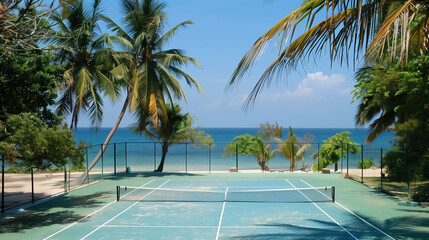 Wall Mural - Sunny Aerial View of a Tennis Court on a Tropical Beach