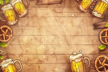 Oktoberfest background illustration with beer mugs and pretzels on a rustic wooden texture