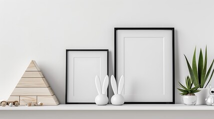 Two white A4 sized wooden frames are placed on a shelf against a white wall with small potted plants as decorations. Soft light and shadow create a theme for the children's room.