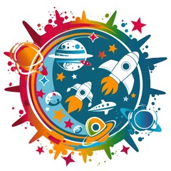 Wall Mural - Colorful Space Scene with Rockets and Planets