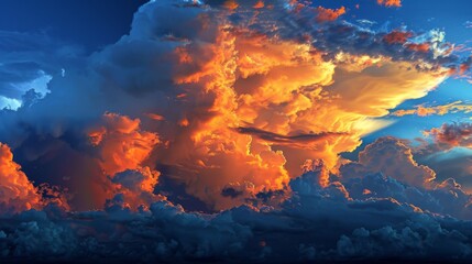 Poster - Majestic cumulus clouds in a deep blue sky, illuminated by the setting sun.
