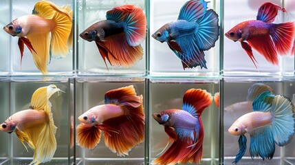 Poster - Multiple betta fish displaying their colorful fins and tails in separate small tanks.