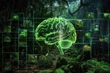 Poster - A brain is shown in a forest with many different pictures surrounding it