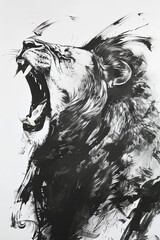 Canvas Print - A black and white sketch of a lion roaring with its mane flowing