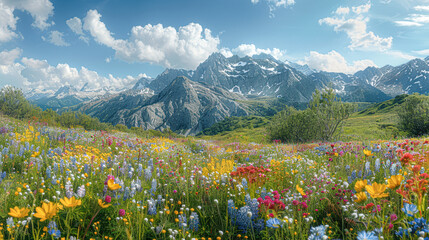 Wall Mural - A beautiful, colorful field of flowers with a clear blue sky in the background