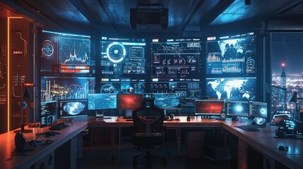 Aufkleber - Empty workspace with multiple digital screens and virtual interfaces