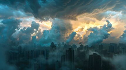 Poster - Stormy nimbostratus clouds looming heavily over an urban skyline, casting shadows.