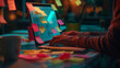 © theevening - Close up woman's hand working in a night, Paper note stick reminder in laptop, Feels tired from too much work.