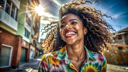 A joyful woman with curly hair wearing a colorful shirt smiles broadly while walking in a vibrant sunny street.