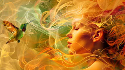 Illustration of a serene young woman surrounded by vibrant orange energy with a hummingbird flying near her face