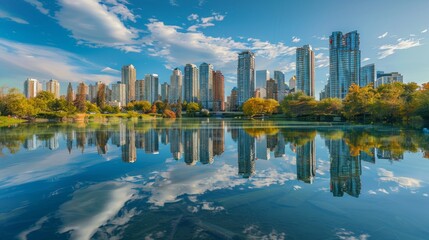 Poster - Urban landscape with tall buildings reflecting in the river waters on a sunny day.