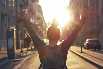 A person joyfully raises their arms in triumph while walking through a sunlit street, with the golden rays of the setting sun.