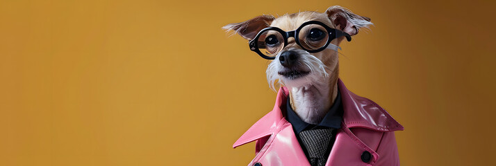 Canvas Print - Cool looking dog wearing pink funky fashion dress - jacket, tie, glasses. Wide banner with space for text right side. Stylish animal posing as supermodel. 