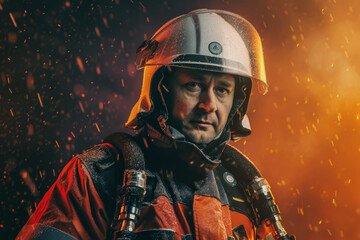 A firefighter, resolute and determined, stands amid flying embers, illuminated by the warm glow of a distant fire.