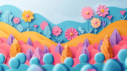 Poster - A colorful paper drawing of a field of flowers with people in the background