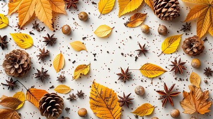 Wall Mural - autumn flat lay composition pine cones star anise yellow leaves on white background flat ly top view overhead