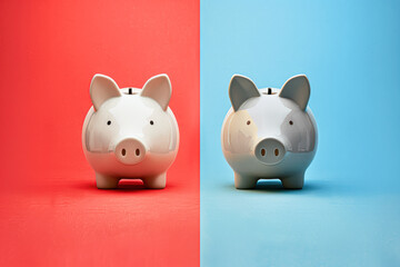 Canvas Print - Two piggy banks, one white and one black, are sitting on a red