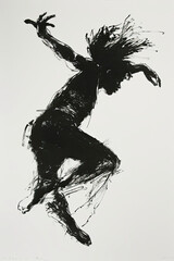 A black and white sketch of a dancer mid-leap