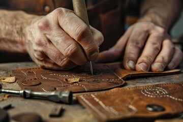 Craftsman Using Leather Punch Tool - Detailed Shot Highlighting Skilled Leatherwork for Design and Craft Enthusiasts