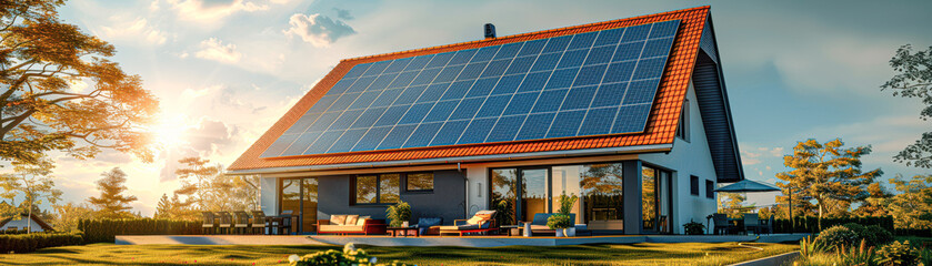 Canvas Print - A house with a red roof and a solar panel on the roof