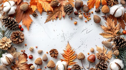 Wall Mural - autumn frame made of acorns pine cones cotton on white background flat lay top view autumn fall thanksgiving day vertical banner design