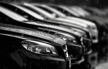 Black and white photograph of rows of new cars with their windscreen wvaishe in the rain, isolated on black background Generative AI