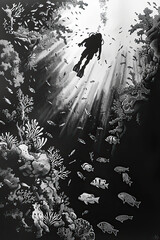 Poster - A black and white sketch of a diver exploring a coral reef