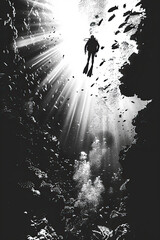 Poster - A black and white sketch of a diver exploring a coral reef