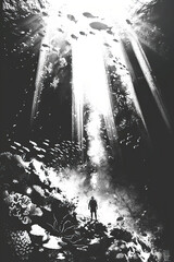 Poster - A black and white sketch of a diver exploring a coral reef