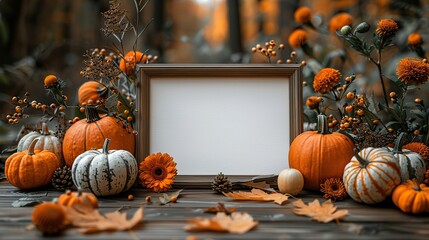 Canvas Print - blank paper card mockup in frame of pumpkins fall decor autumn flowers on brown background