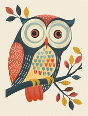 Poster - a colorful owl sitting on a branch with leaves