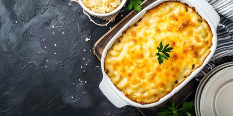 Wall Mural - Golden Baked Cheddar Macaroni A Classic American Mac and Cheese Recipe. Concept American Cuisine, Food Recipes, Macaroni and Cheese, Baked Dishes, Comfort Food