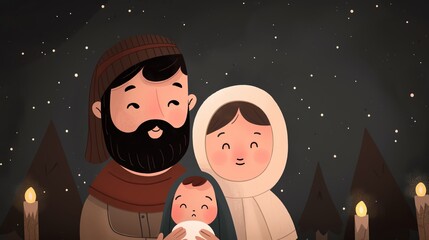 Illustration of a nativity scene featuring Mary, Joseph, and baby Jesus with candles and a starry night background.